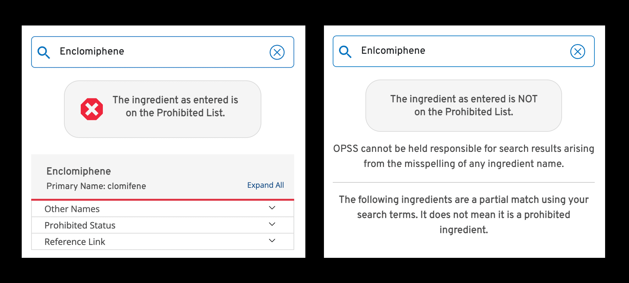 Capture d'écran des résultats de recherche dans la base OPSS des ingrédients interdits