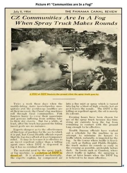 Article de 1954 du Panama Canal Review mentionnant l’usage de camions pulvérisant un mélange de DDT et de diesel dans la zone du canal de Panama