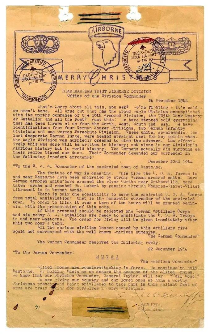 Réponse du général McAuliffe avec le mot Nuts