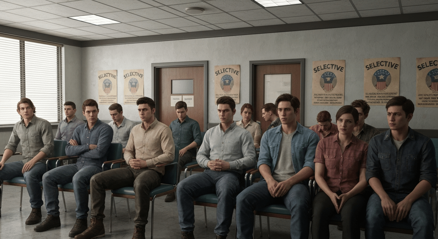 Jeunes adultes dans une salle d'attente pour la conscription