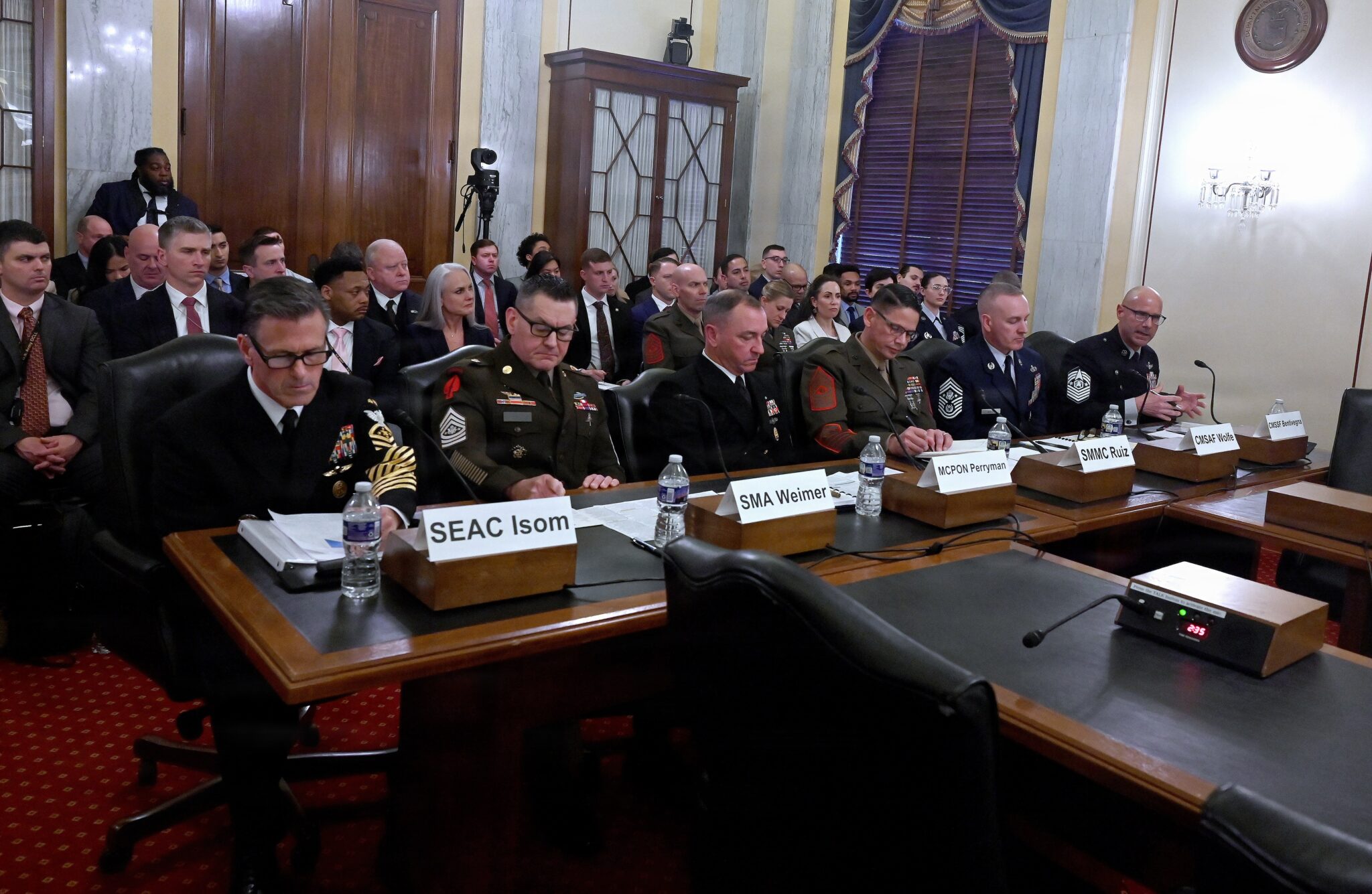 Chief Master Sgt. of the Air Force David R. Wolfe and Chief Master Sgt. of the Space Force John F. Bentivegna testify during a Senate Armed Services Committee Personnel hearing at Capitol Hill, Washington, D.C., Feb. 11, 2026.