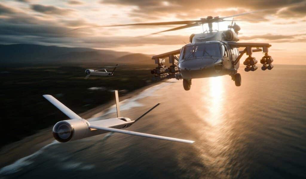 Un hélicoptère Black Hawk en vol avec effets déployés