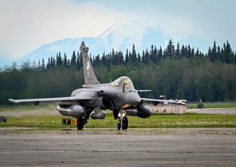 A French Rafale fighter jet taxis on the runway during...