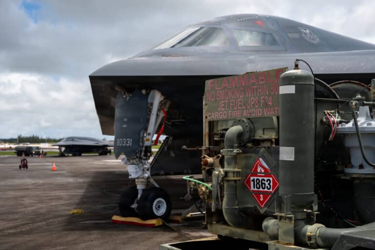 U.S. Air Force B-2 Spirit aircraft receive fuel in...