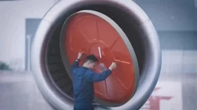 Gros plan sur le moteur turbofan WS-20 avec ses pales métalliques