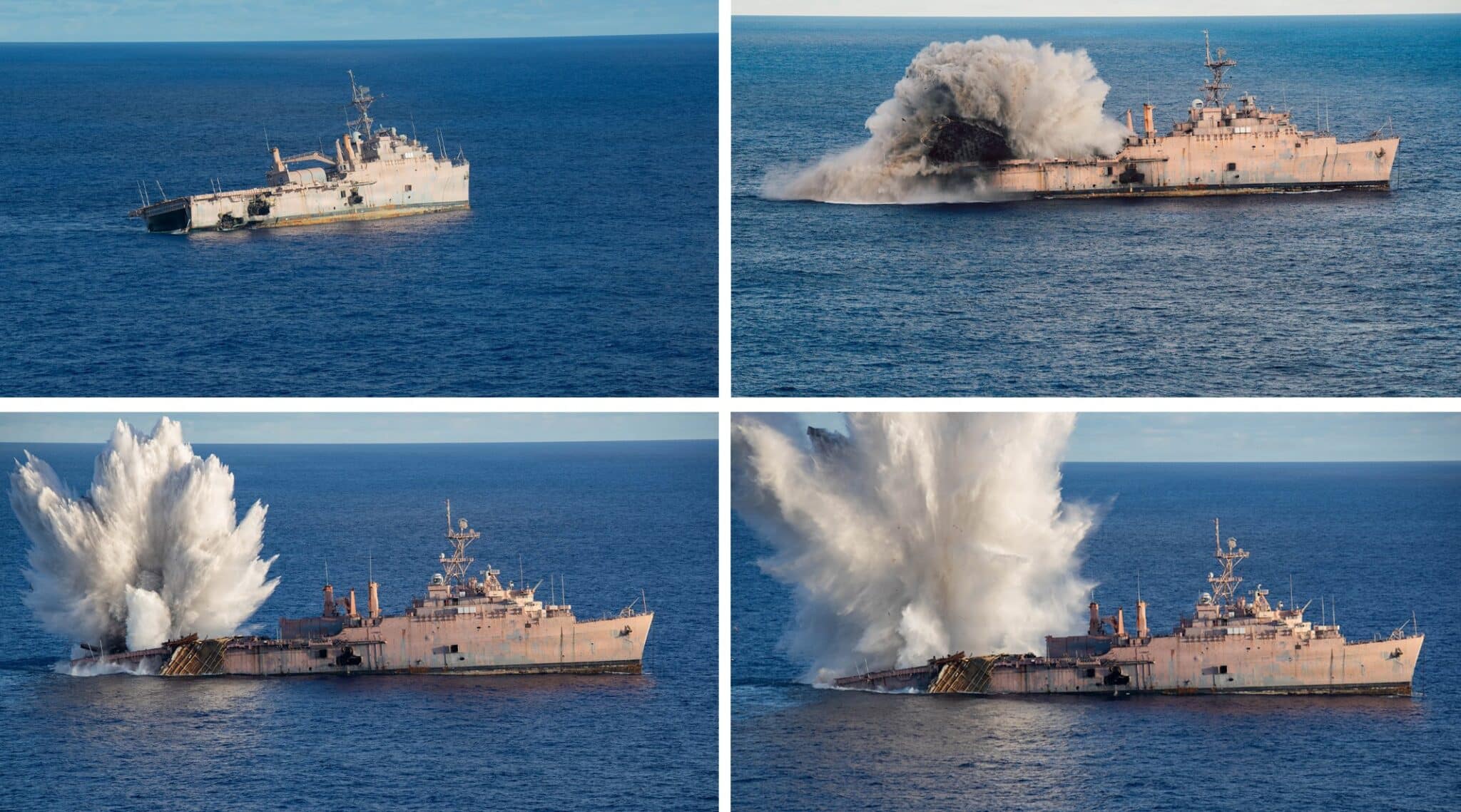 Photos de l'USS Juneau montrant les instants précédant et suivant immédiatement l'impact d'une torpille.