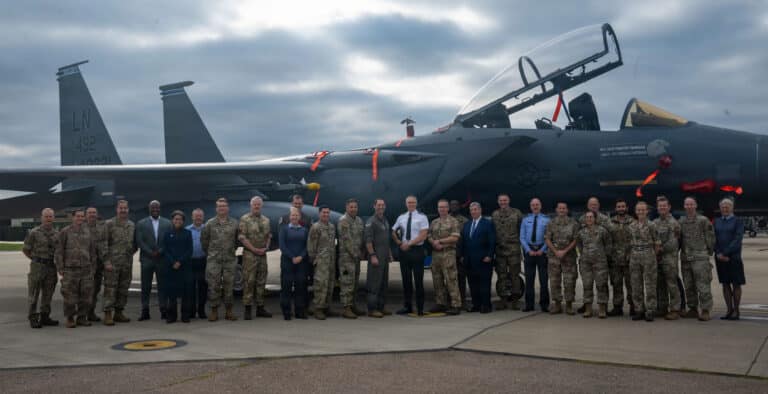 U.S.  Airmen pose with their  U.K. counterparts for a...