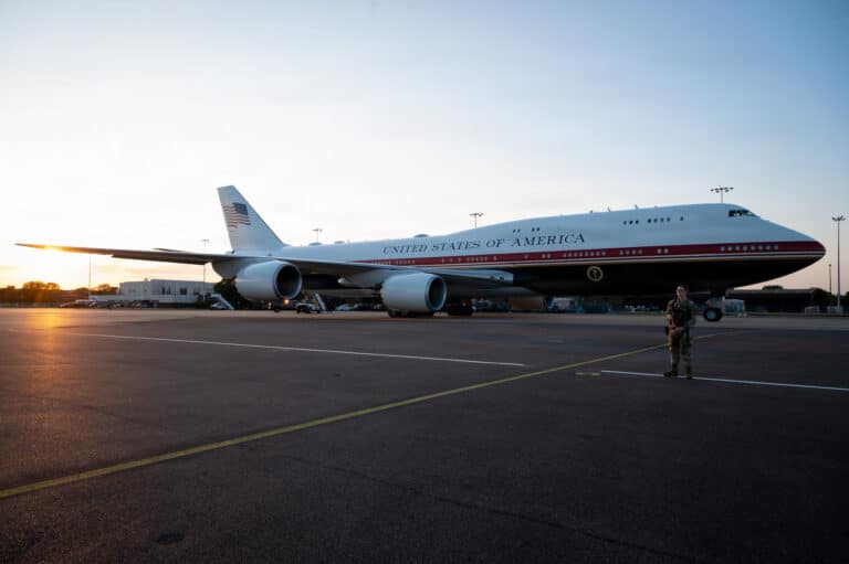 The Air Force’s VC-25B Bridge aircraft is parked on...