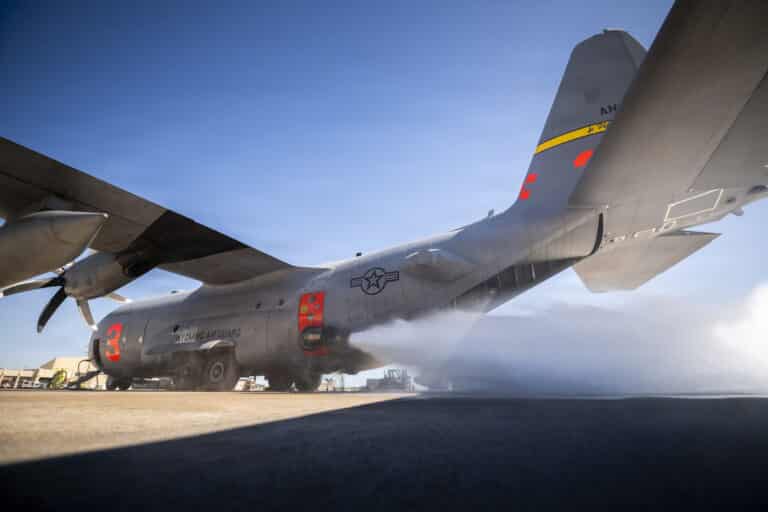 A C-130 Hercules aircraft assigned to the 153rd Airlift...