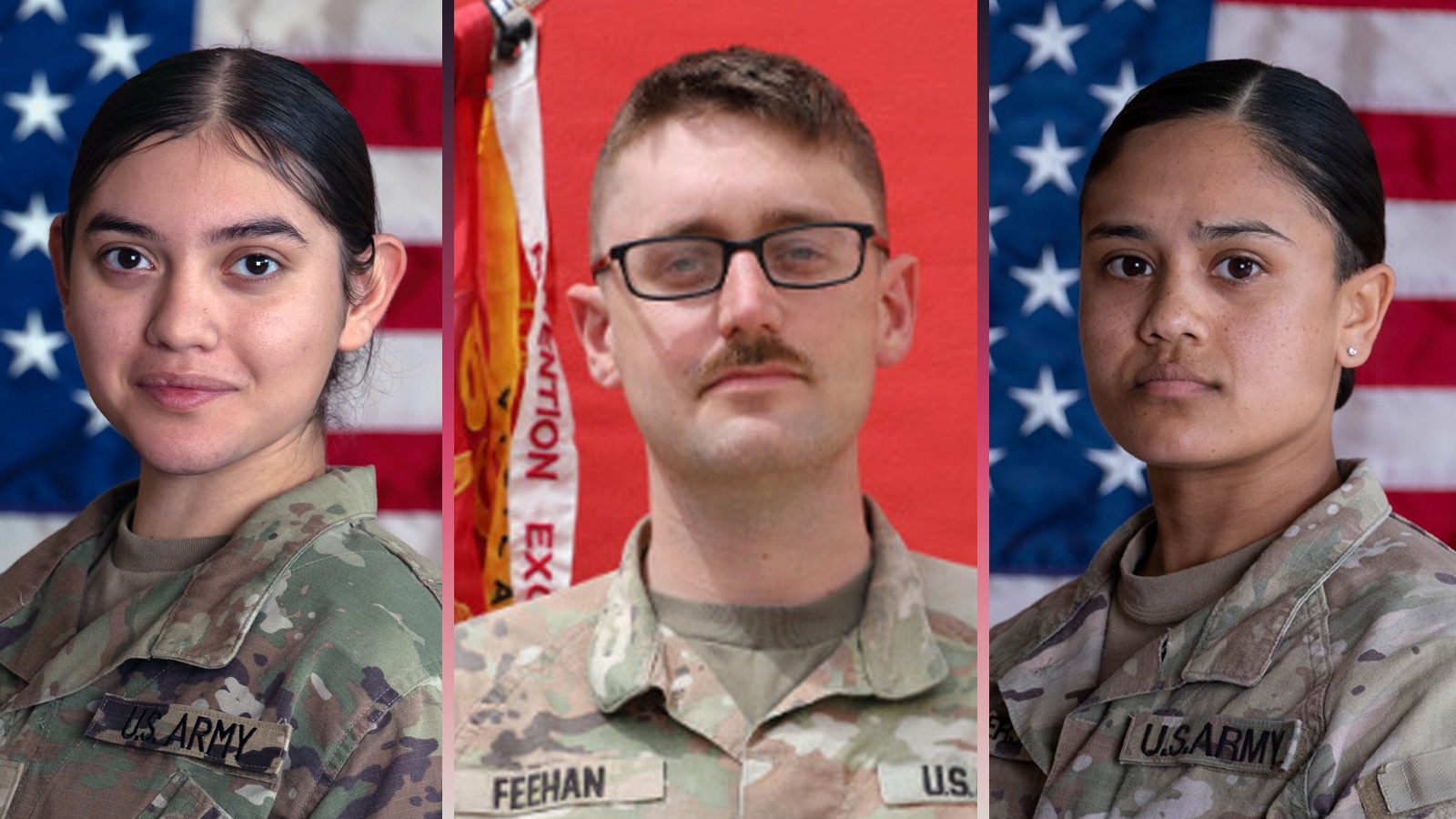 Pvt. Isabella Gonzales, 1st Lt. Tyler James Feehan, and Sgt. Angel S. Rampersad