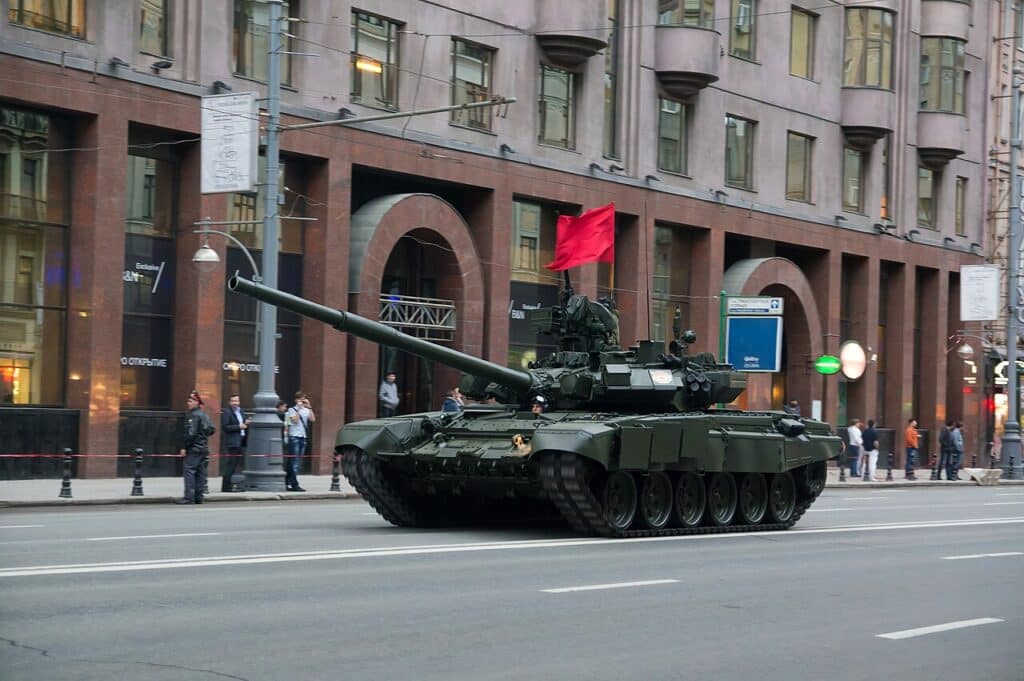 T-90 tank. A rehearsal of Moscow Military Parade to celebrate Victory Day on May 9 in Moscow, Russia.