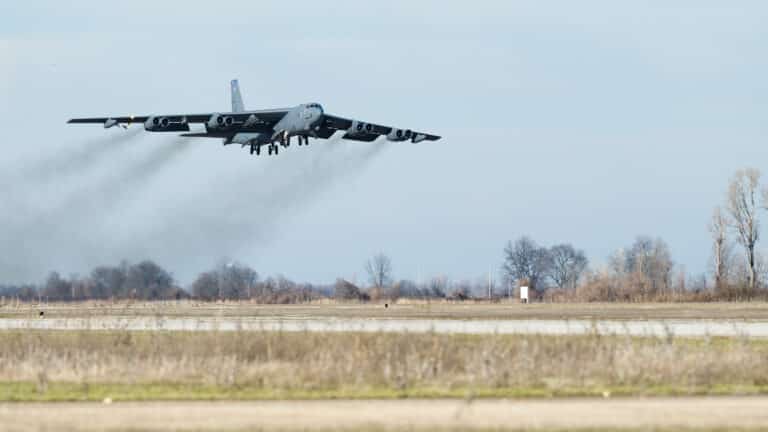 A B-52H Stratofortress takes off as part of Agile Combat...