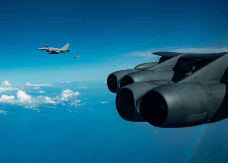 Two Italian Air Force Eurofighter Typhoons fly in...